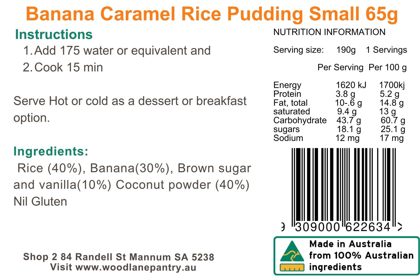 Woodlane Pantry - Banana Caramel Rice Pudding - Single