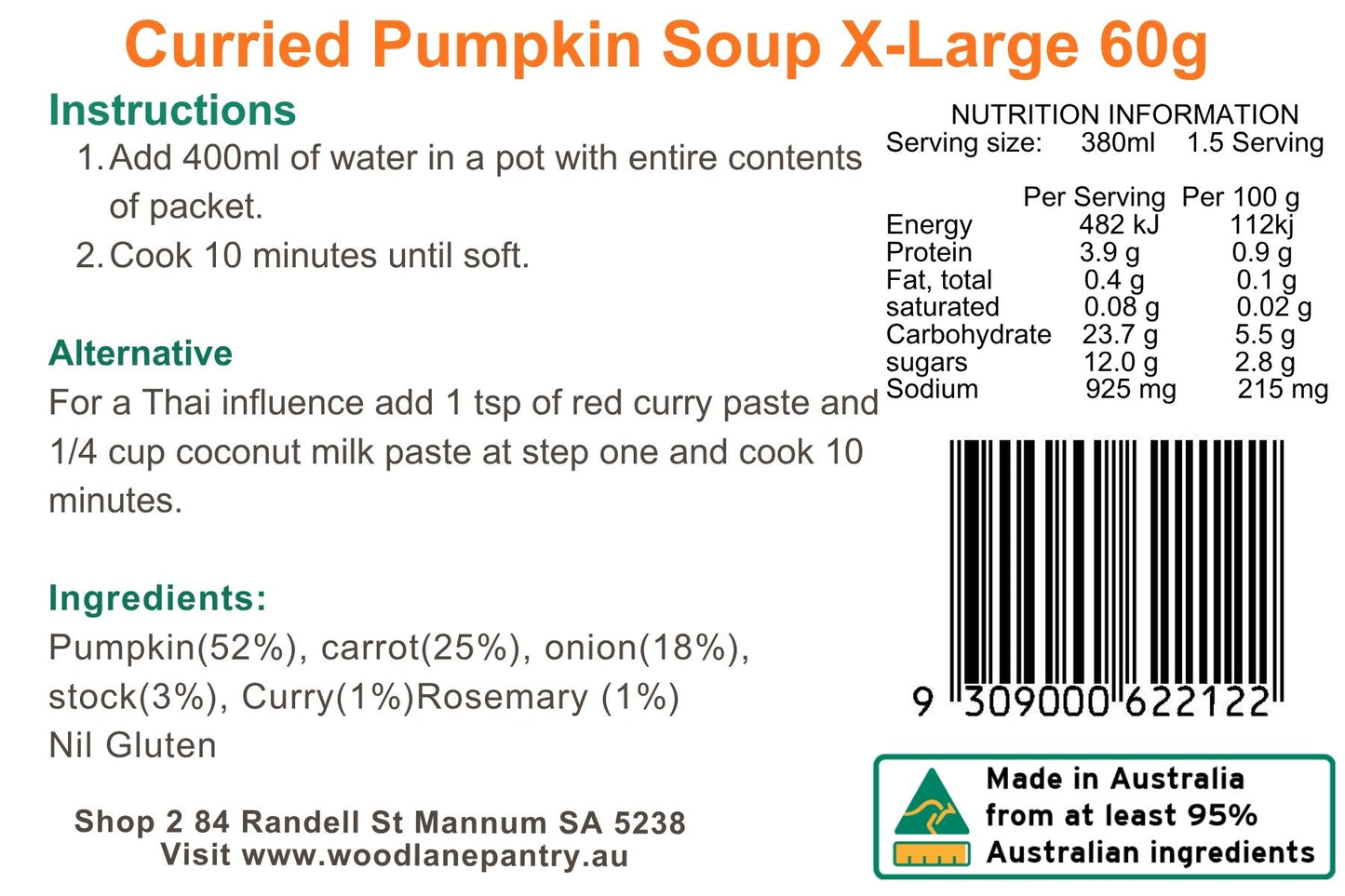 Woodlane Pantry - Curried Pumpkin Soup - XL Single