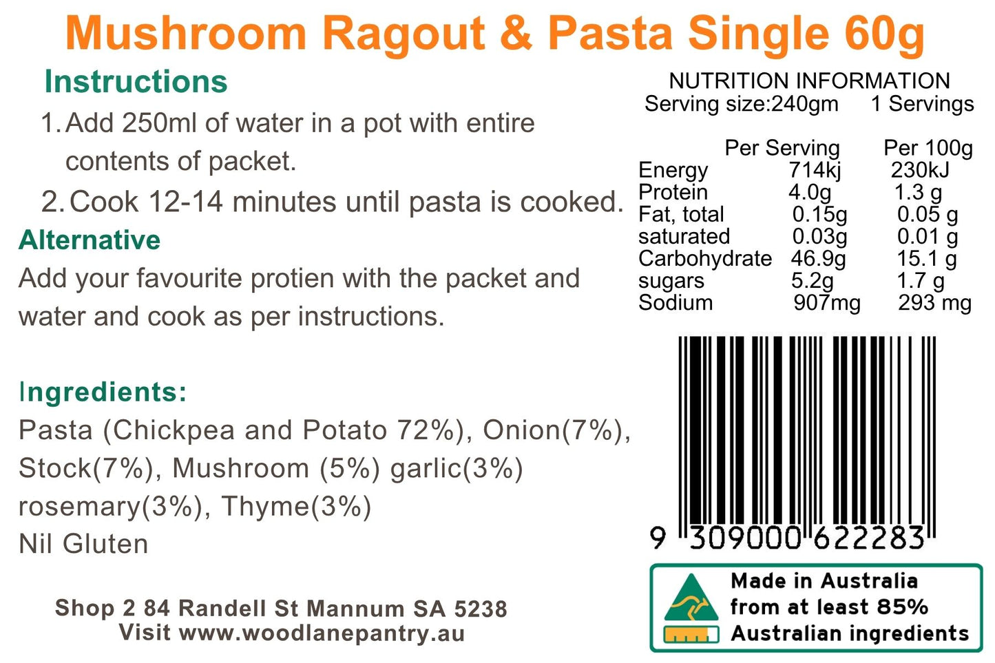 Woodlane Pantry - Mushroom Ragout and Pasta - Single