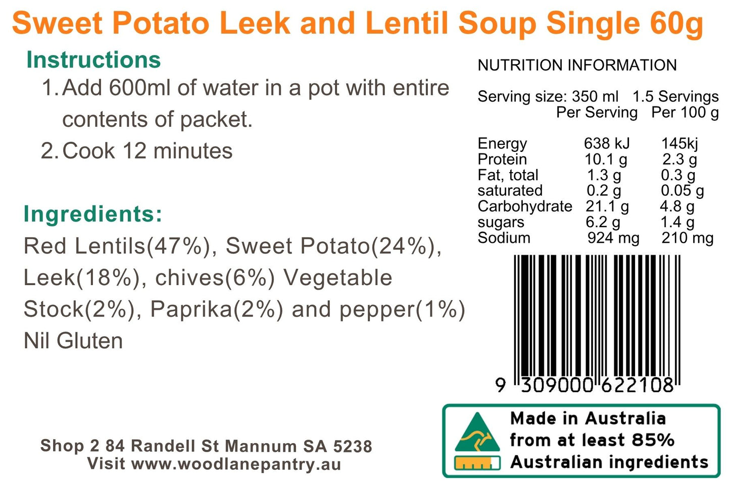 Woodlane Pantry - Sweet Potato, Leek & Lentil Soup - XL Single