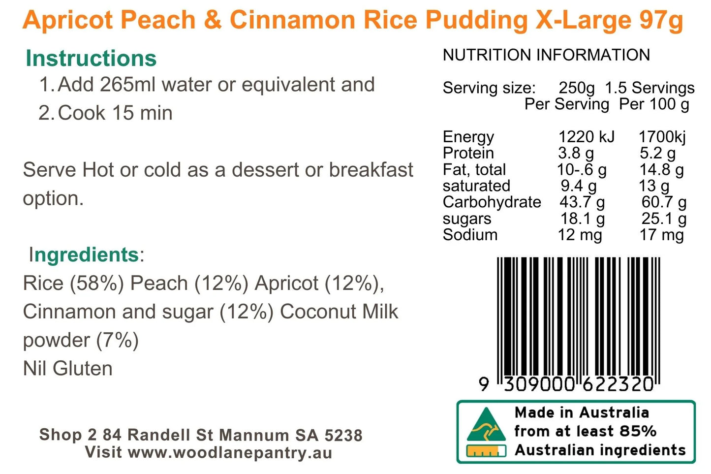 Woodlane Pantry - Apricot, Peach & Cinnamon Rice Pudding - XL Single