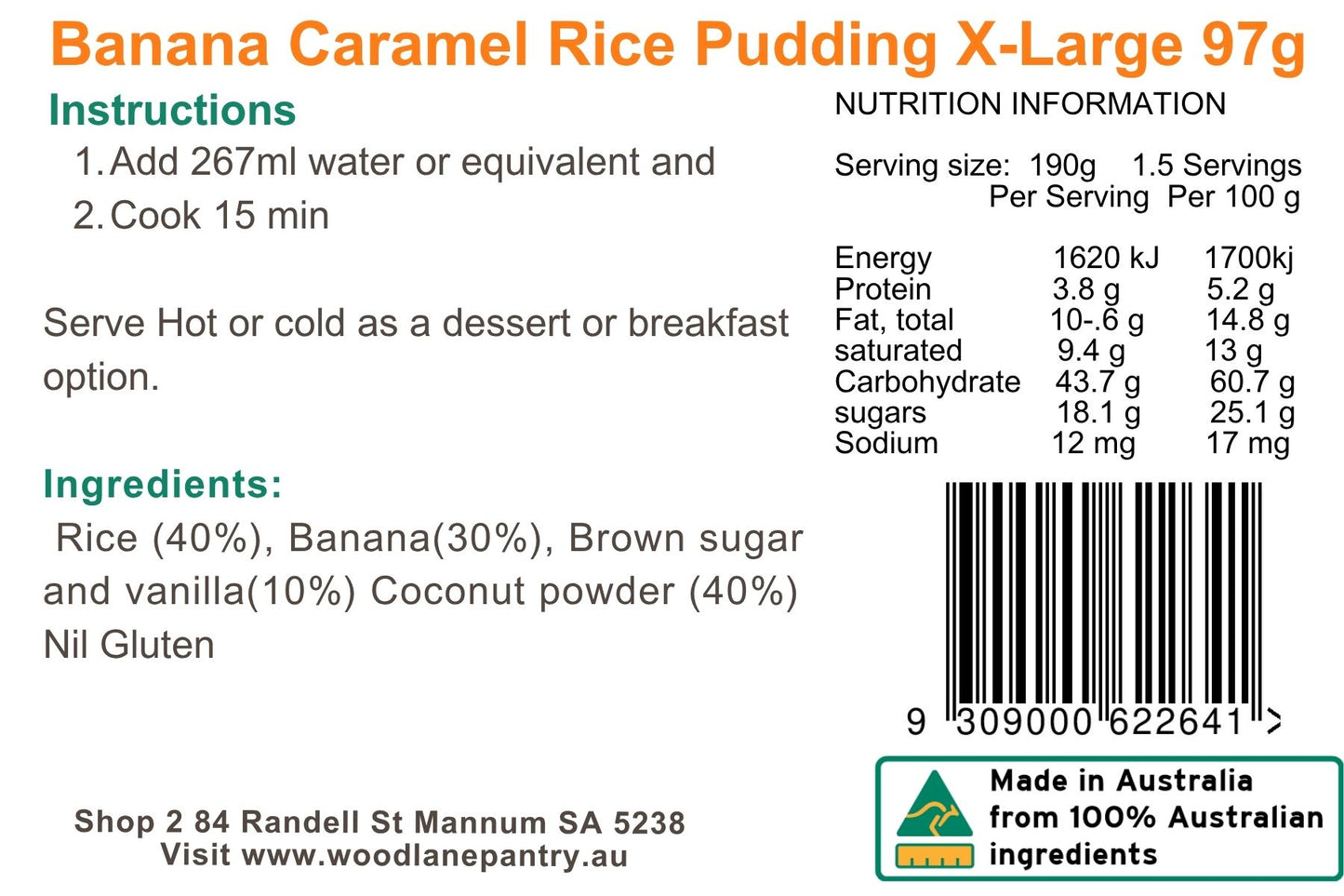 Woodlane Pantry - Banana Caramel Rice Pudding - XL Single