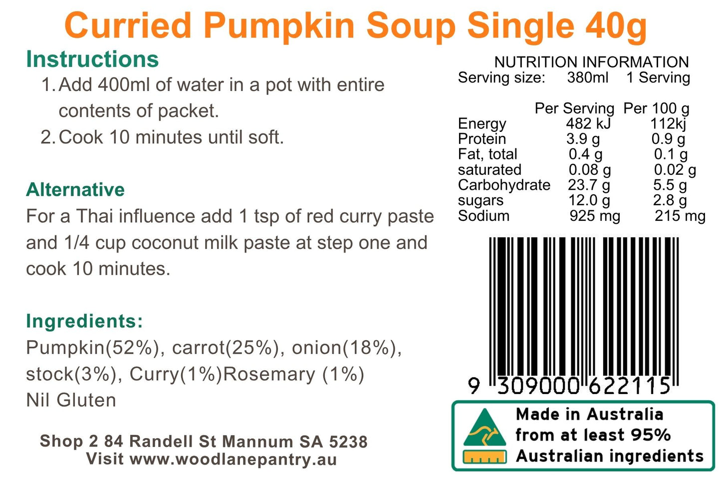 Woodlane Pantry - Curried Pumpkin Soup - Single