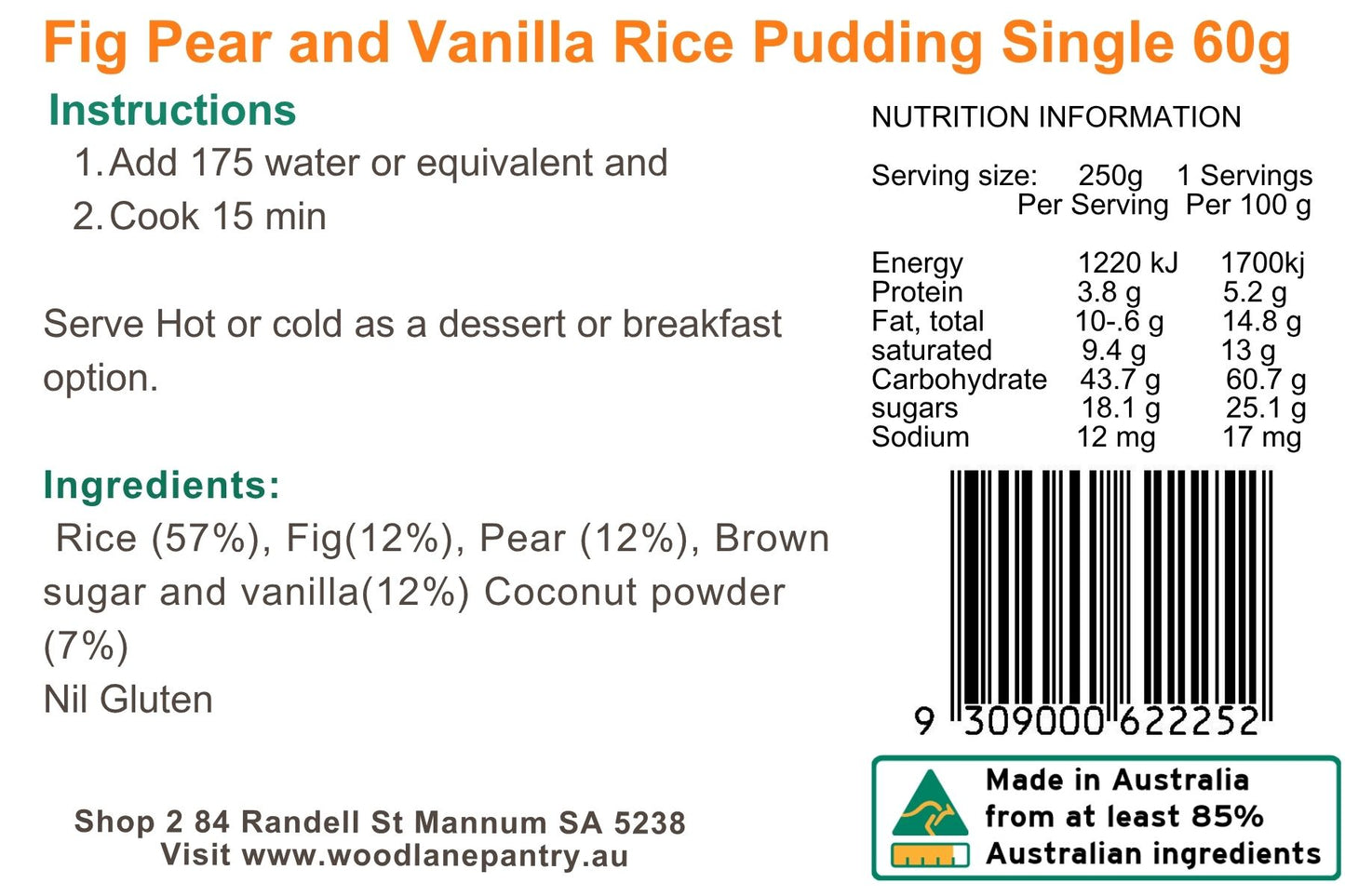 Woodlane Pantry - Fig, Pear & Vanilla Rice Pudding - Single
