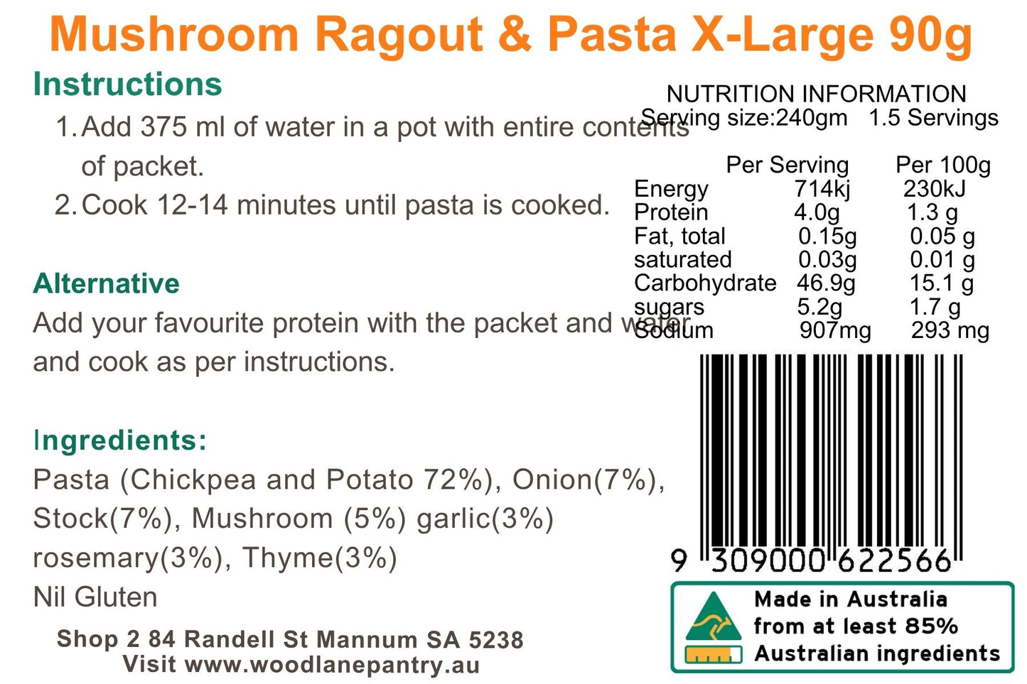 Woodlane Pantry - Mushroom Ragout and Pasta - XL Single