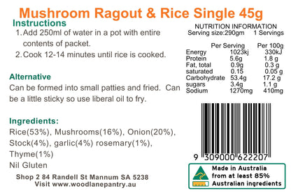 Woodlane Pantry - Mushroom Ragout and Rice - Single