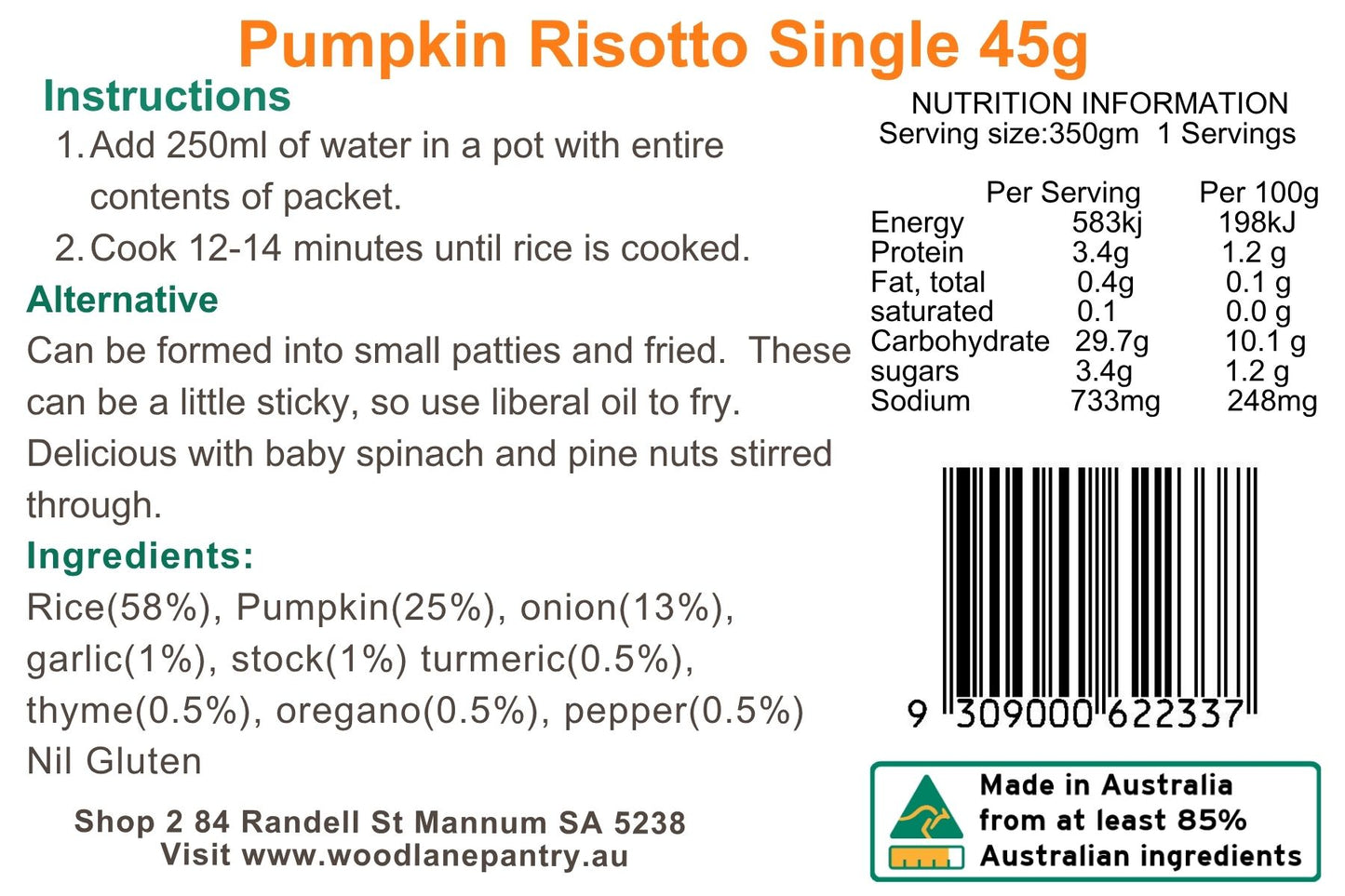 Woodlane Pantry - Pumpkin Risotto - Single