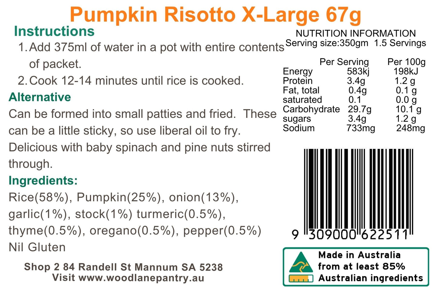 Woodlane Pantry - Pumpkin Risotto - XL Single