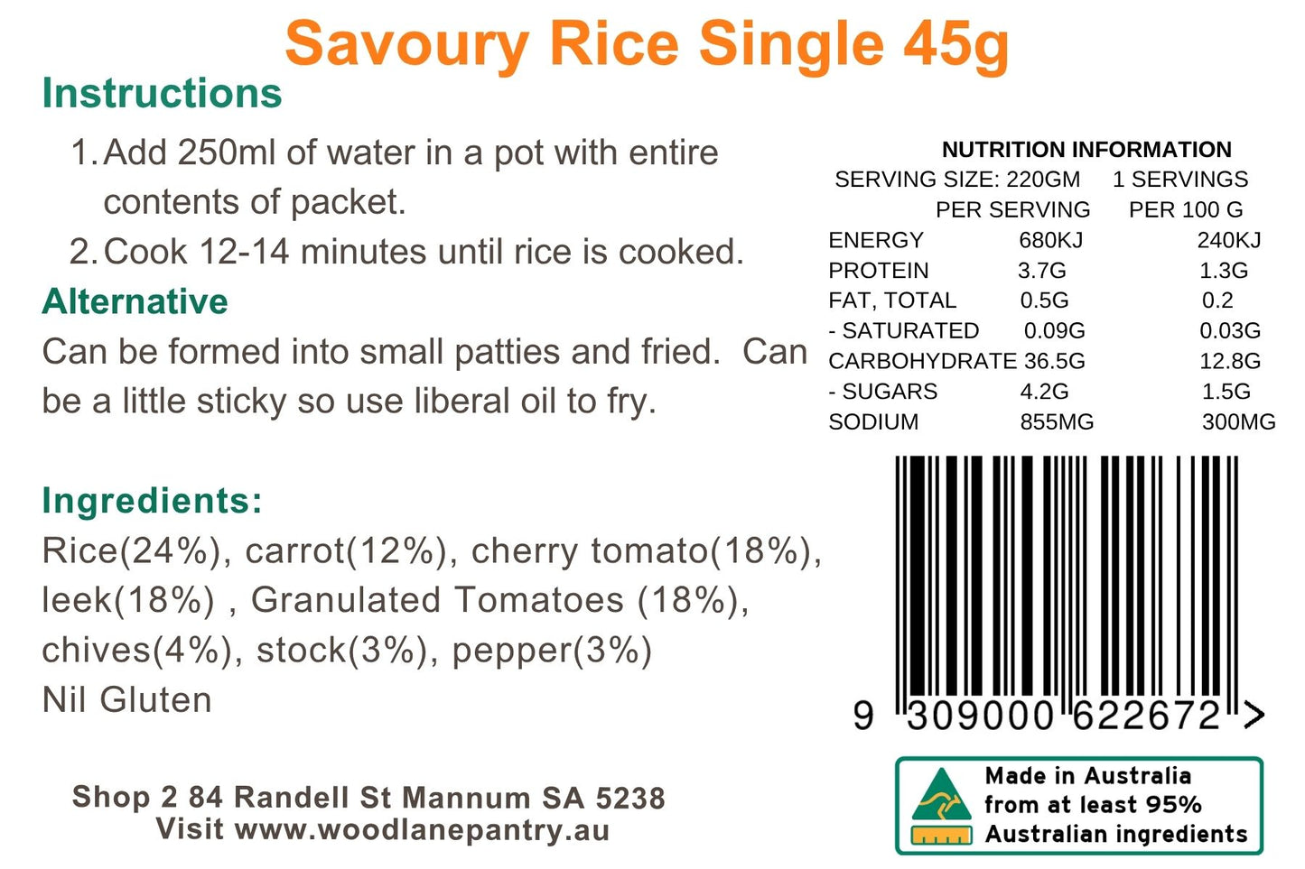 Woodlane Pantry - Savoury Rice - Single