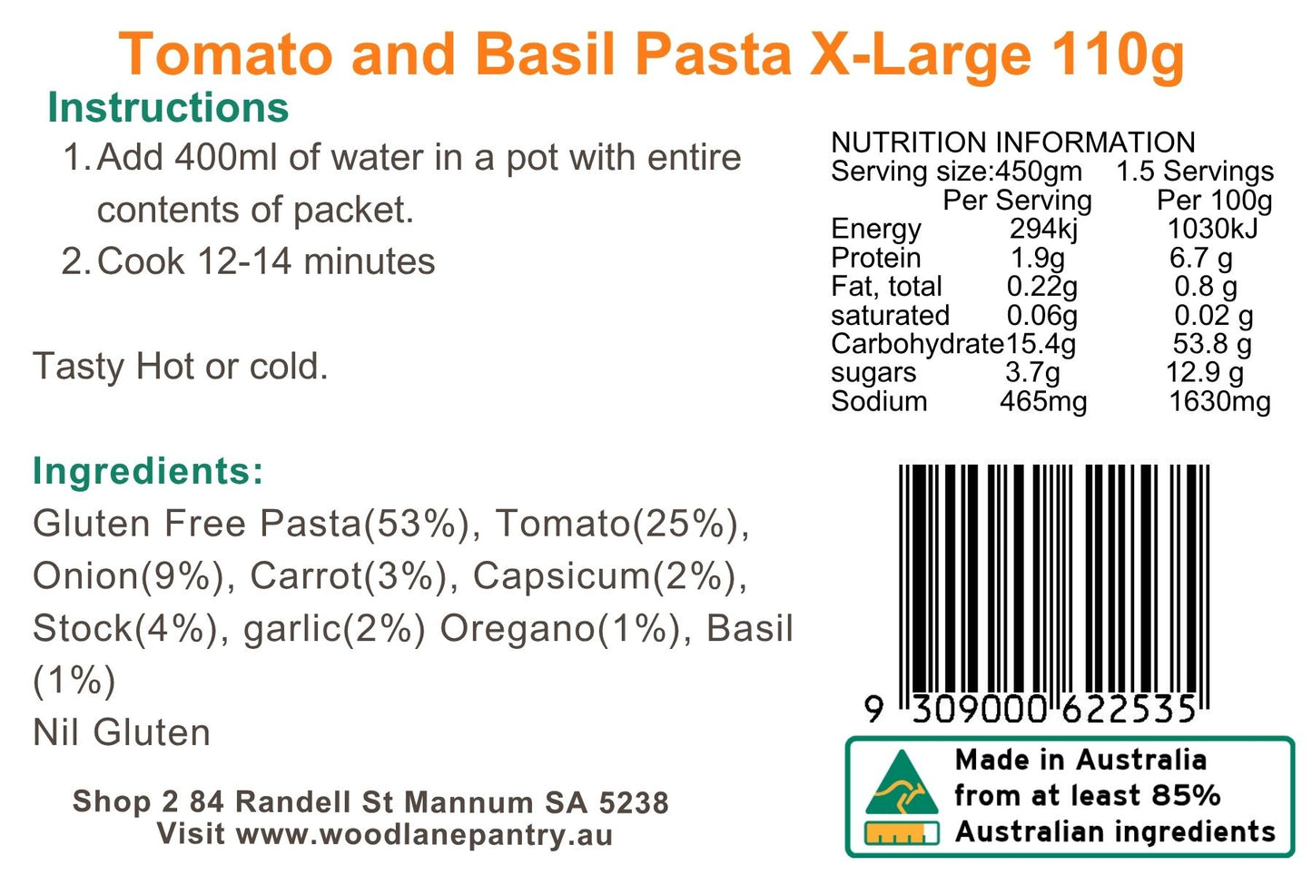 Woodlane Pantry - Tomato & Basil Pasta - XL Single