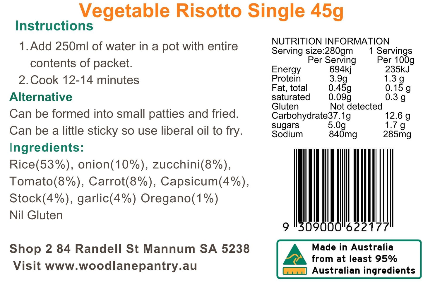 Woodlane Pantry - Vegetable Risotto - Single